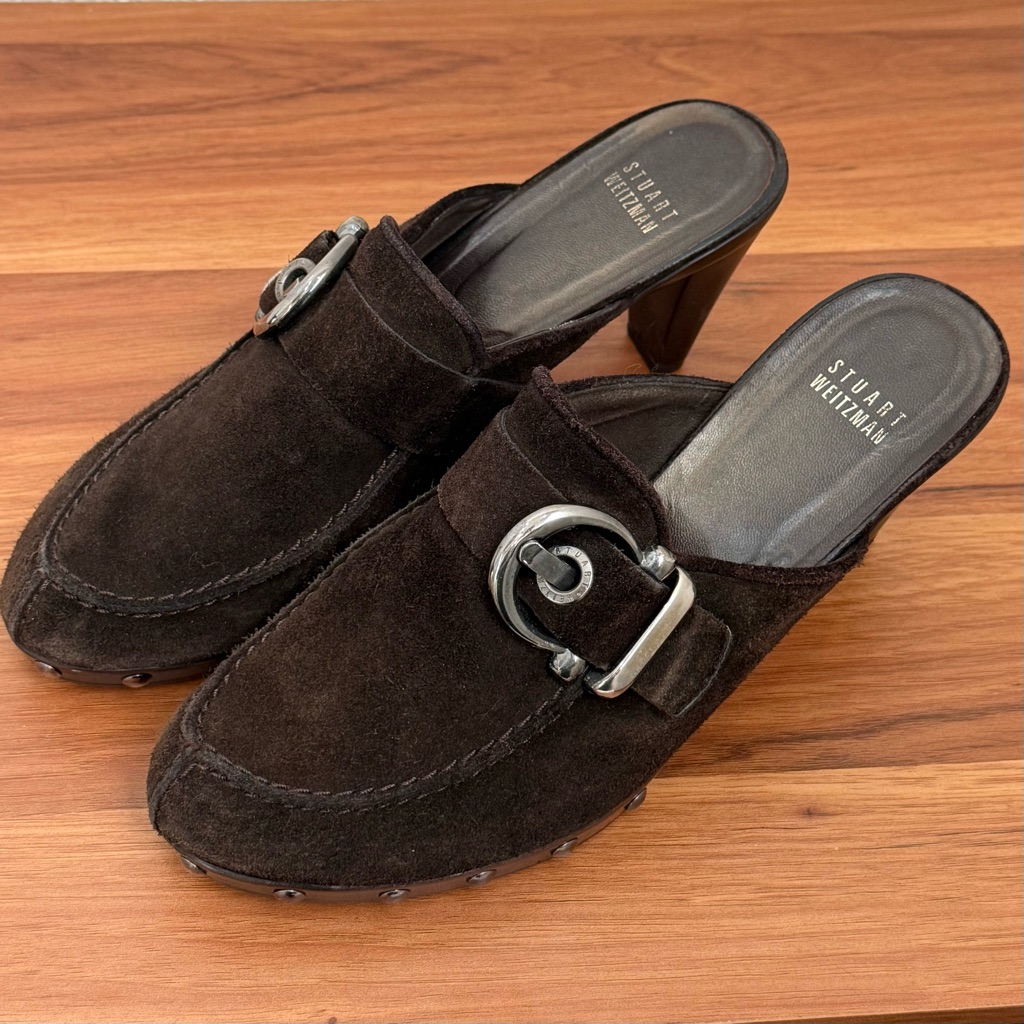 Stuart Weitzman Brown Suede Leather Buckle Heeled Mules Clogs Size 9m